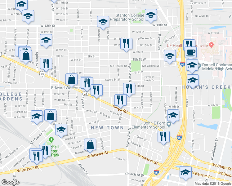 map of restaurants, bars, coffee shops, grocery stores, and more near 1431 West 5th Street in Jacksonville