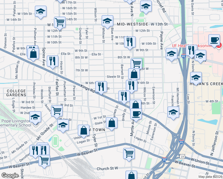 map of restaurants, bars, coffee shops, grocery stores, and more near 1493 West 5th Street in Jacksonville