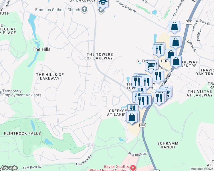 map of restaurants, bars, coffee shops, grocery stores, and more near 104-2 Rivalto Circle in Lakeway