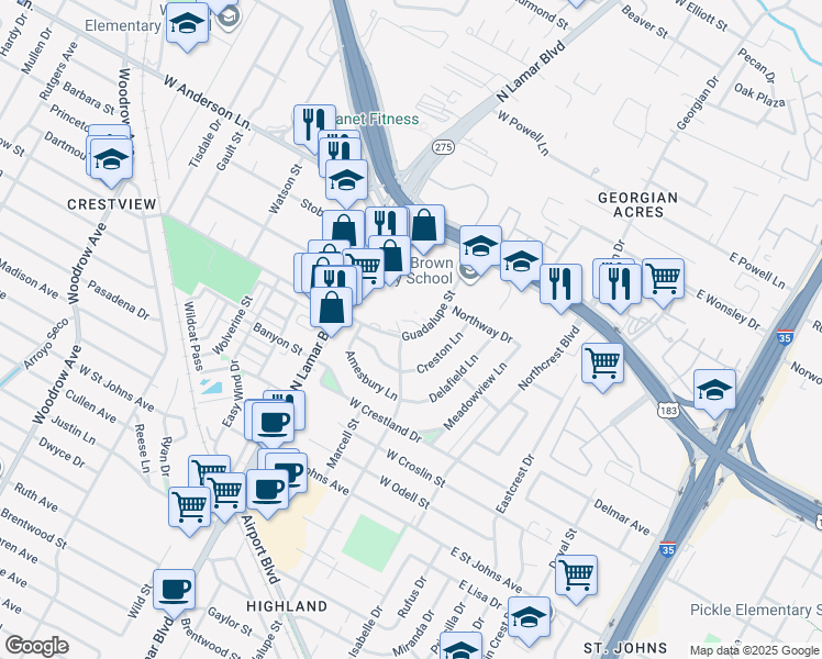 map of restaurants, bars, coffee shops, grocery stores, and more near 7640 Guadalupe Street in Austin