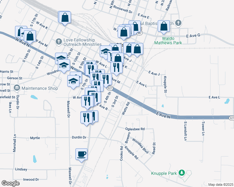 map of restaurants, bars, coffee shops, grocery stores, and more near 600 South 3rd Street in Silsbee
