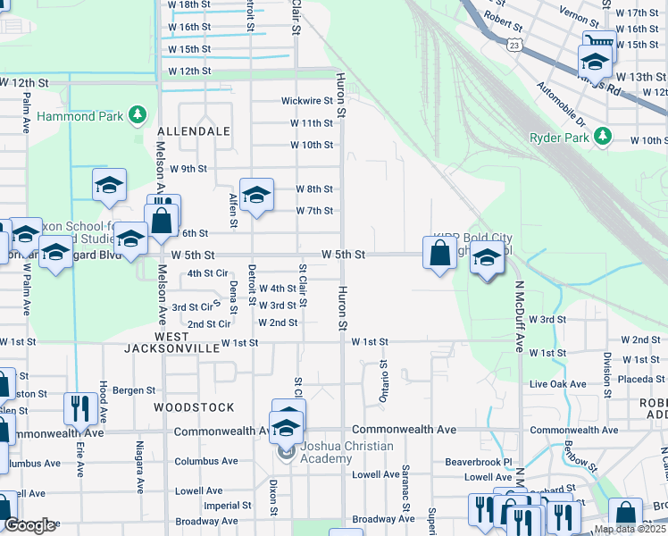 map of restaurants, bars, coffee shops, grocery stores, and more near 1412 Huron Street in Jacksonville