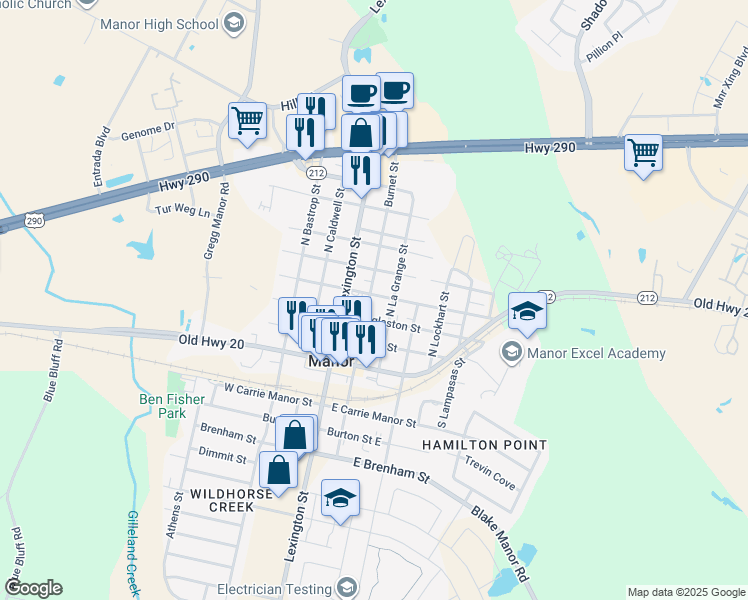 map of restaurants, bars, coffee shops, grocery stores, and more near 202 East Wheeler Street in Manor