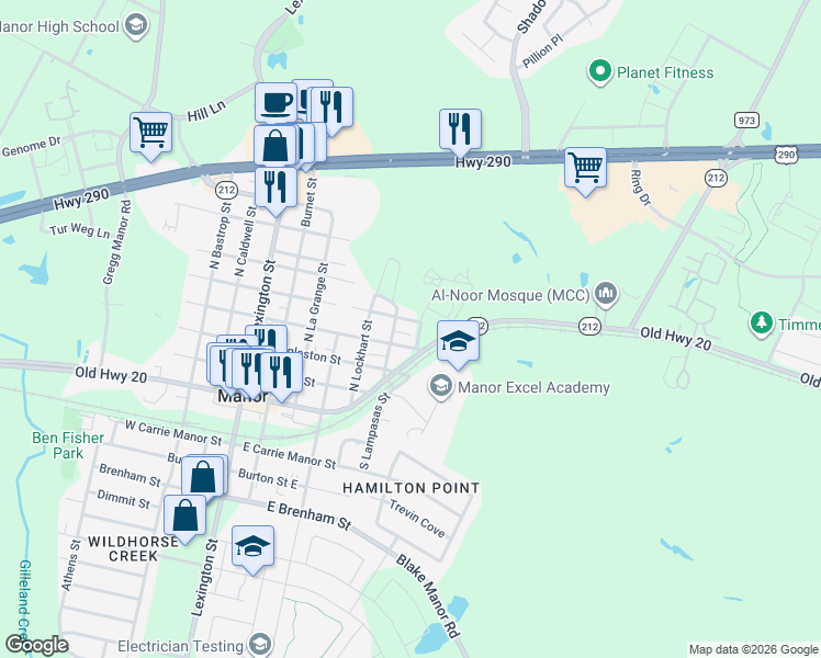 map of restaurants, bars, coffee shops, grocery stores, and more near 608 East Browning Street in Manor