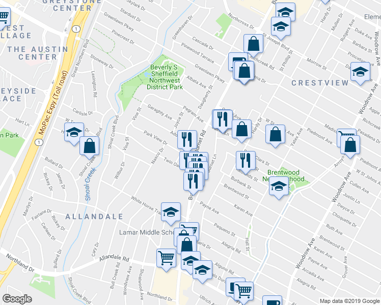 map of restaurants, bars, coffee shops, grocery stores, and more near 6708 Burnet Road in Austin