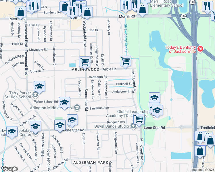 map of restaurants, bars, coffee shops, grocery stores, and more near 1931 Starwan Road East in Jacksonville