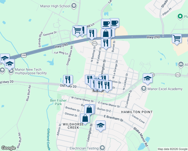 map of restaurants, bars, coffee shops, grocery stores, and more near 202 West Wheeler Street in Manor