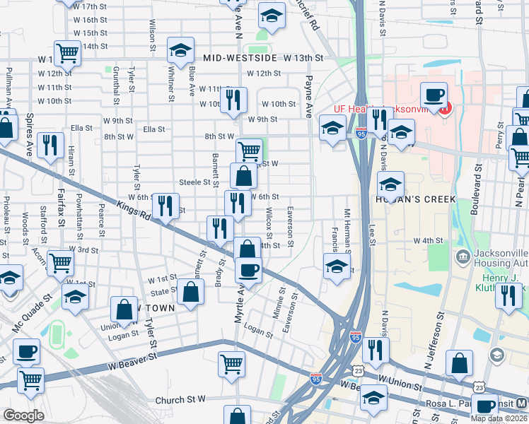 map of restaurants, bars, coffee shops, grocery stores, and more near 1267 West 5th Street in Jacksonville