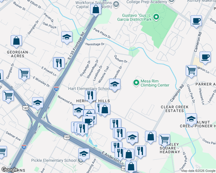 map of restaurants, bars, coffee shops, grocery stores, and more near 8306 Bridgetown Drive in Austin