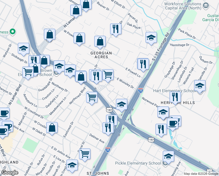 map of restaurants, bars, coffee shops, grocery stores, and more near 8001 Gessner Drive in Austin