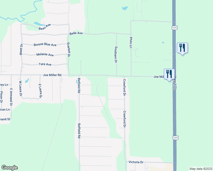 map of restaurants, bars, coffee shops, grocery stores, and more near 599 Frankie Lane in Lake Charles