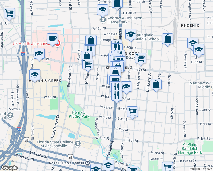 map of restaurants, bars, coffee shops, grocery stores, and more near North Laura Street in Jacksonville