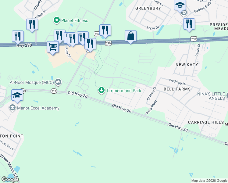 map of restaurants, bars, coffee shops, grocery stores, and more near 12416 Ostrich Trail in Manor