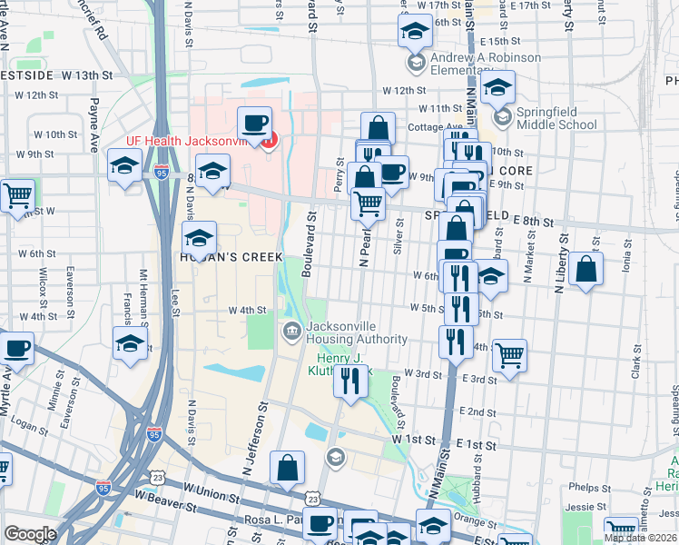 map of restaurants, bars, coffee shops, grocery stores, and more near 340 West 6th Street in Jacksonville