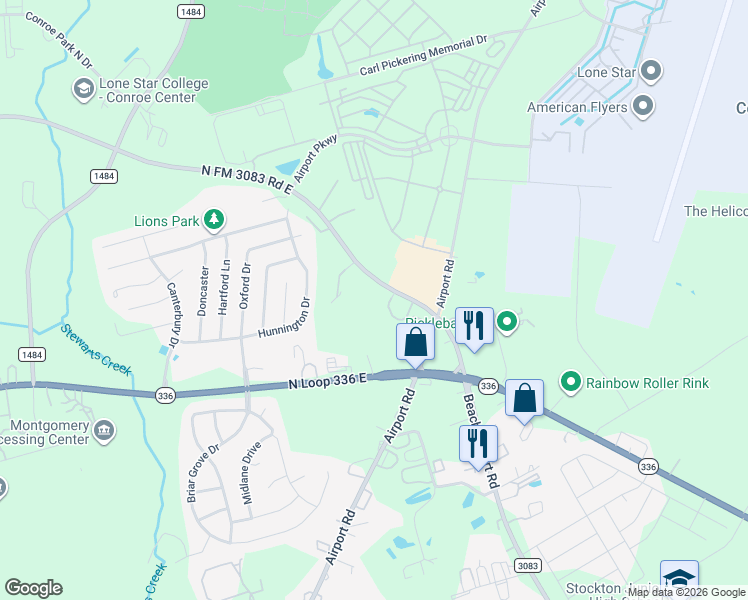 map of restaurants, bars, coffee shops, grocery stores, and more near 1306 Farm to Market Road 3083 in Conroe