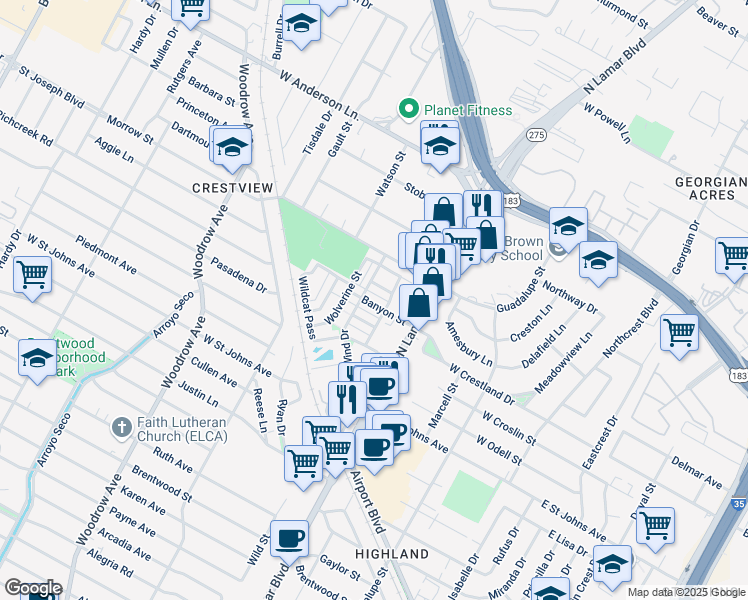 map of restaurants, bars, coffee shops, grocery stores, and more near 908 Banyon Street in Austin
