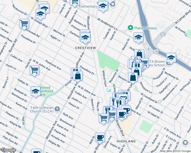 map of restaurants, bars, coffee shops, grocery stores, and more near 1201 Pasadena Drive in Austin