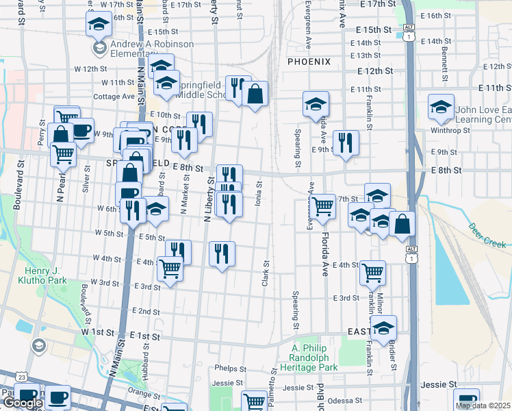 map of restaurants, bars, coffee shops, grocery stores, and more near 1636 Ionia Street in Jacksonville