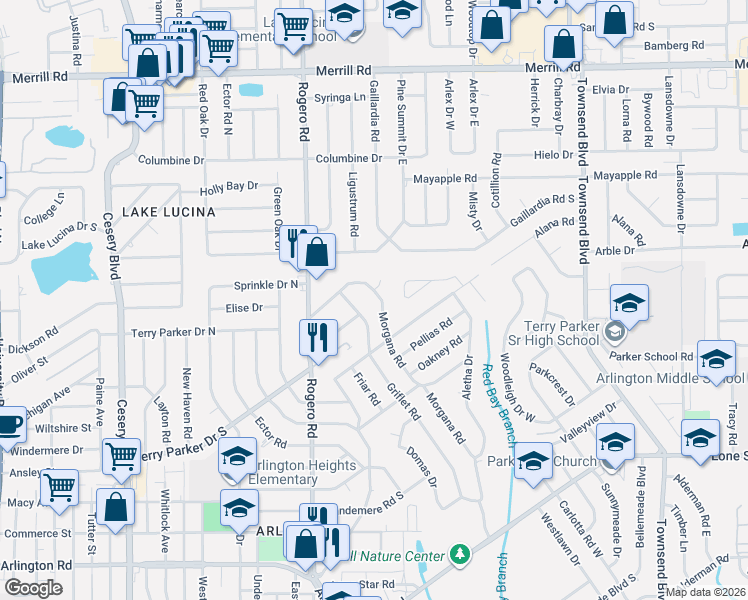 map of restaurants, bars, coffee shops, grocery stores, and more near 1854 Morgana Road in Jacksonville