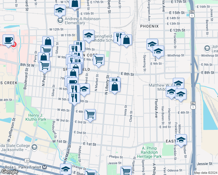 map of restaurants, bars, coffee shops, grocery stores, and more near 1635 North Liberty Street in Jacksonville