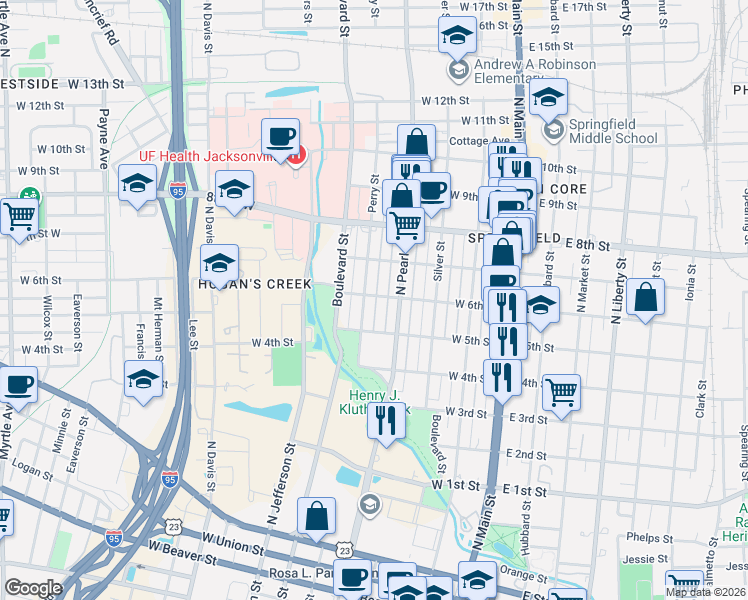 map of restaurants, bars, coffee shops, grocery stores, and more near 340 West 6th Street in Jacksonville