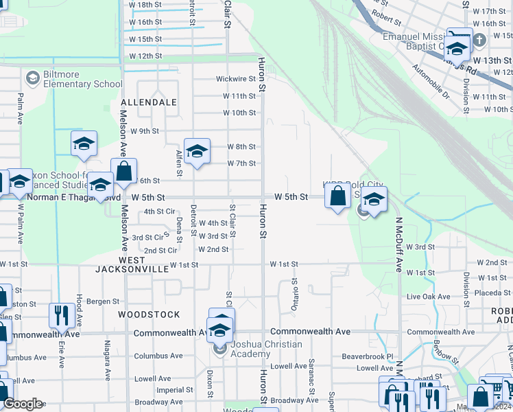 map of restaurants, bars, coffee shops, grocery stores, and more near 1422 Huron Street in Jacksonville