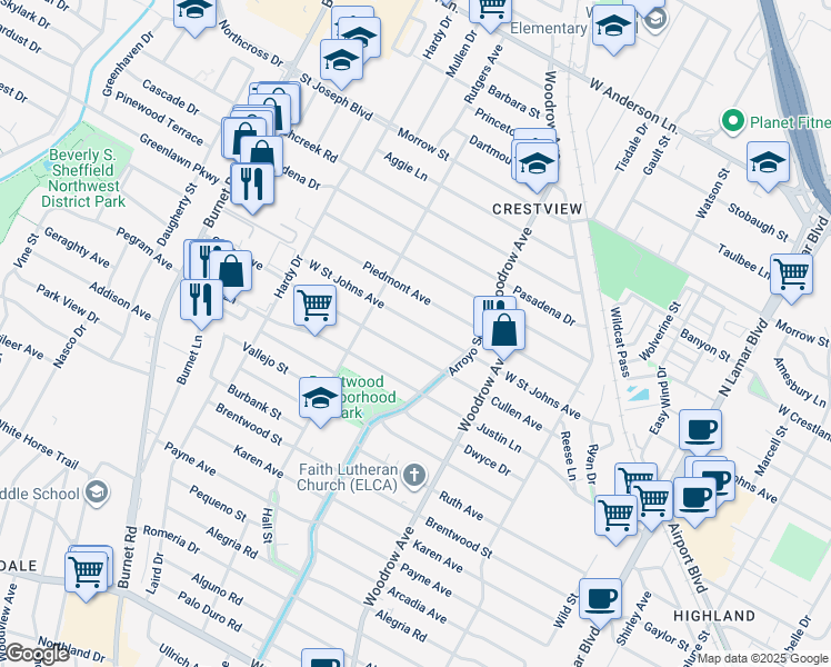map of restaurants, bars, coffee shops, grocery stores, and more near 1518 West Saint Johns Avenue in Austin