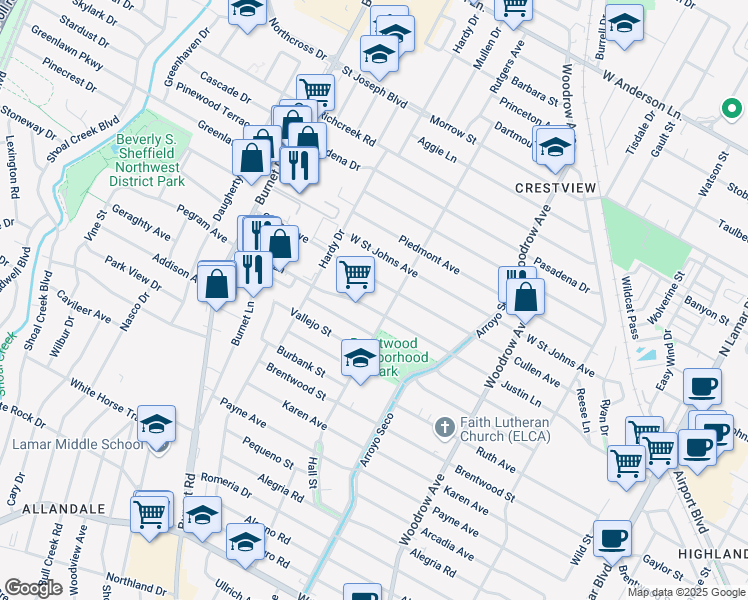 map of restaurants, bars, coffee shops, grocery stores, and more near 1803 Cullen Avenue in Austin
