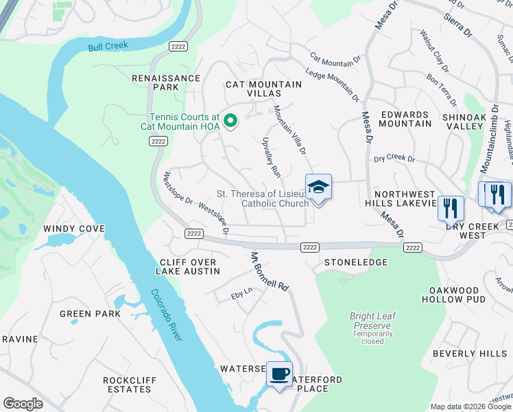 map of restaurants, bars, coffee shops, grocery stores, and more near 4515 Autumnleaf Hollow in Austin