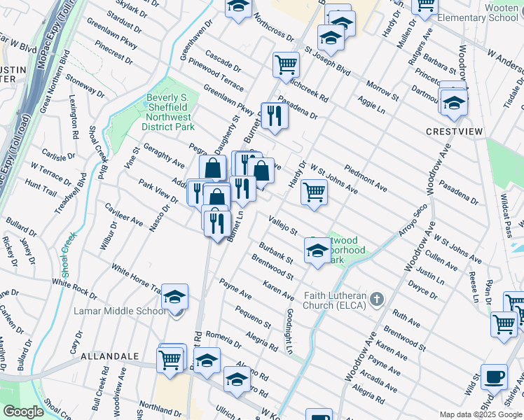 map of restaurants, bars, coffee shops, grocery stores, and more near 2008 Vallejo Street in Austin