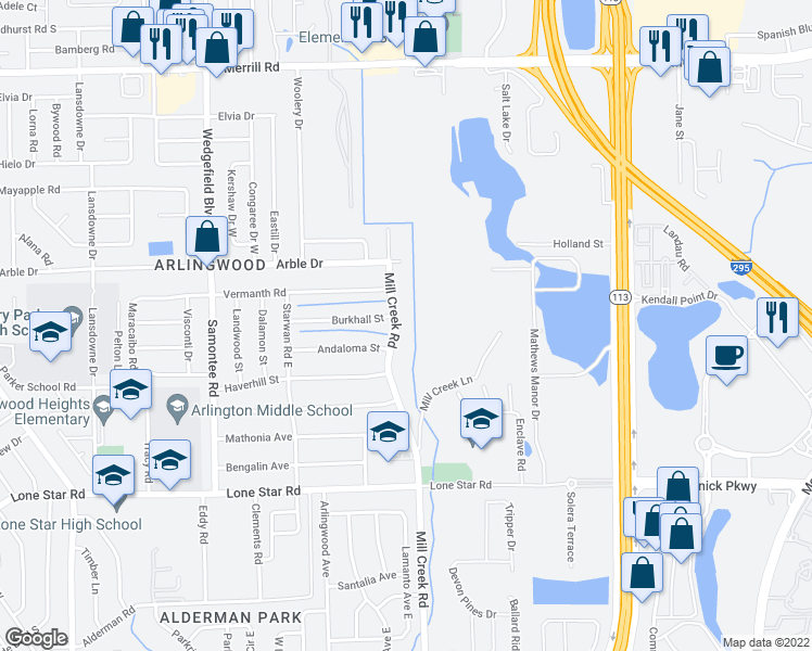 map of restaurants, bars, coffee shops, grocery stores, and more near 1937 Mill Creek Road in Jacksonville
