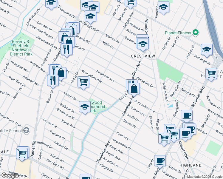 map of restaurants, bars, coffee shops, grocery stores, and more near 1519 West Saint Johns Avenue in Austin