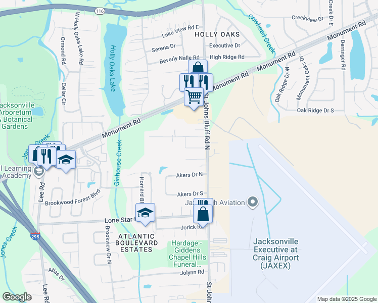 map of restaurants, bars, coffee shops, grocery stores, and more near 10650 Abbot Cove Drive in Jacksonville