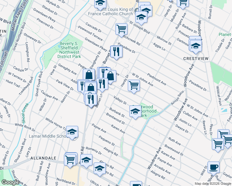 map of restaurants, bars, coffee shops, grocery stores, and more near 6804 Hardy Drive in Austin