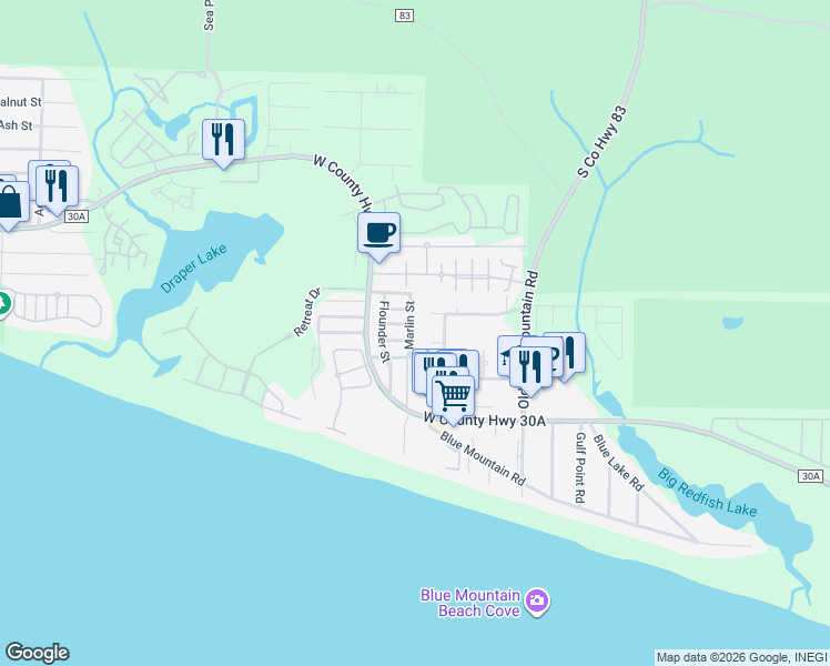 map of restaurants, bars, coffee shops, grocery stores, and more near 60 Marlin Street in Santa Rosa Beach