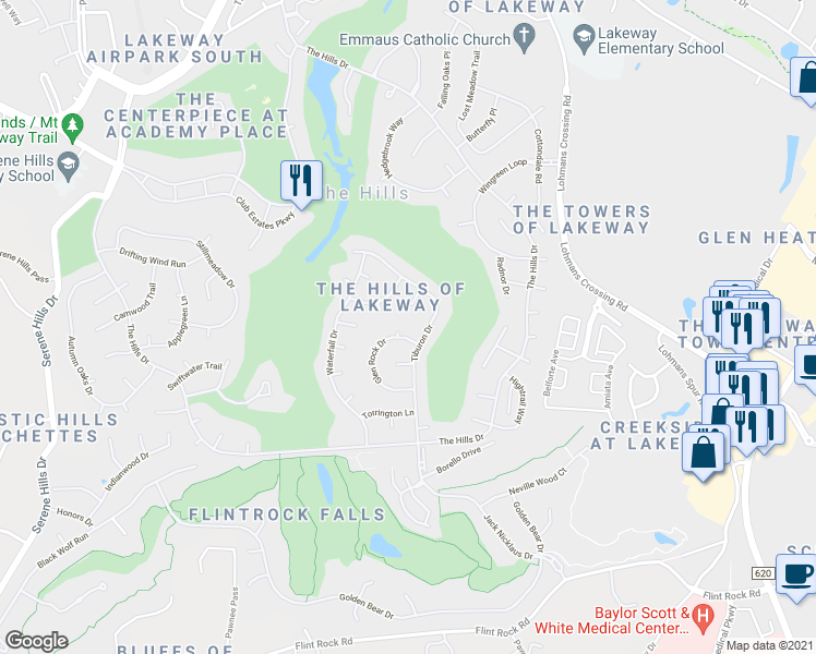 map of restaurants, bars, coffee shops, grocery stores, and more near 39 Glen Rock Drive in The Hills