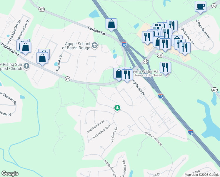 map of restaurants, bars, coffee shops, grocery stores, and more near 17576 Highland Road in Baton Rouge