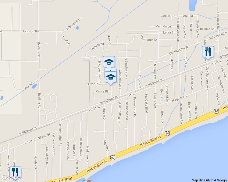 map of restaurants, bars, coffee shops, grocery stores, and more near 106 Saint Augustine Drive in Long Beach