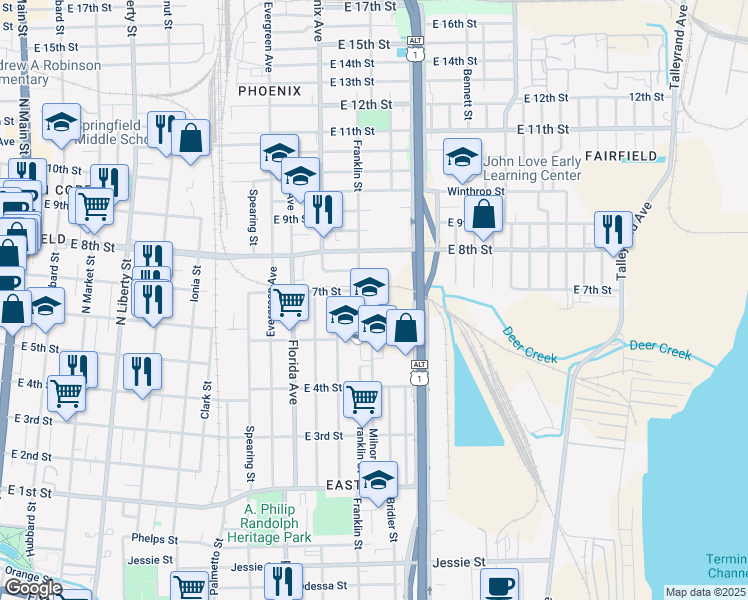 map of restaurants, bars, coffee shops, grocery stores, and more near 17 Milnor Street in Jacksonville