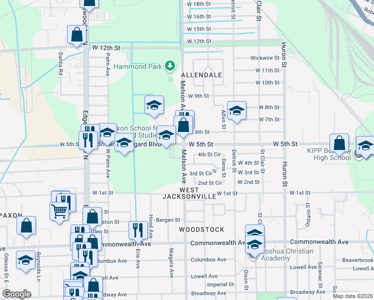 map of restaurants, bars, coffee shops, grocery stores, and more near 1423 Melson Avenue in Jacksonville
