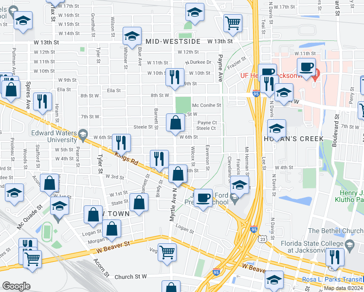 map of restaurants, bars, coffee shops, grocery stores, and more near 1268 W 5th St in Jacksonville