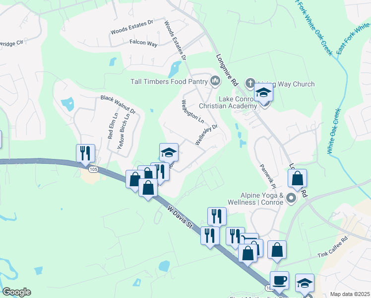 map of restaurants, bars, coffee shops, grocery stores, and more near 50 Highland Hollow Drive in Conroe
