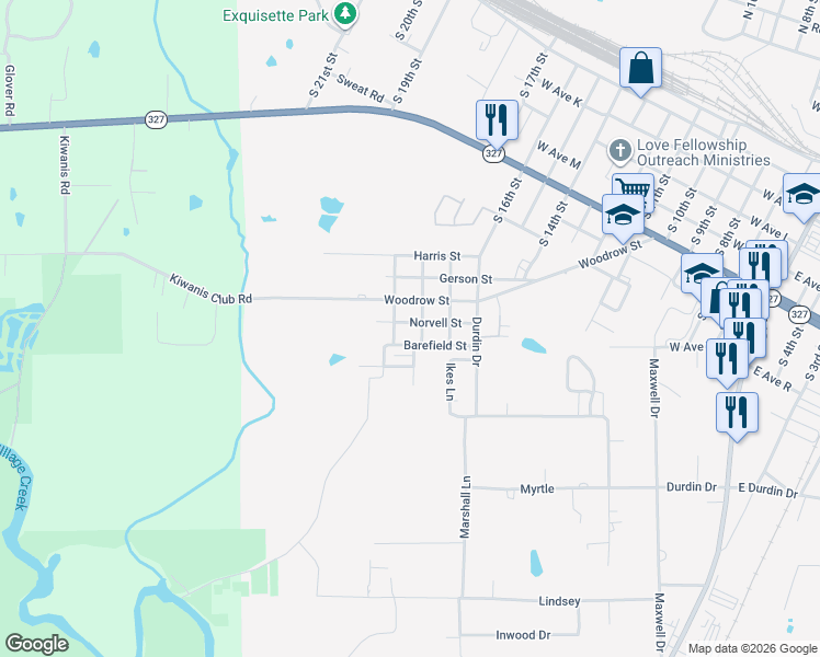 map of restaurants, bars, coffee shops, grocery stores, and more near 1355 Norvell Street in Silsbee