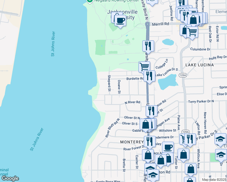 map of restaurants, bars, coffee shops, grocery stores, and more near 5246 Pear Tree Place in Jacksonville