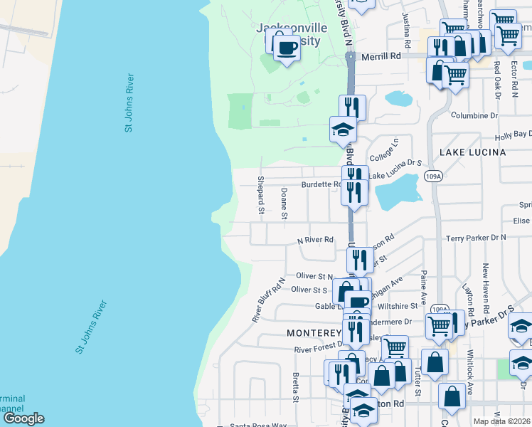 map of restaurants, bars, coffee shops, grocery stores, and more near 5240 Pear Tree Place in Jacksonville
