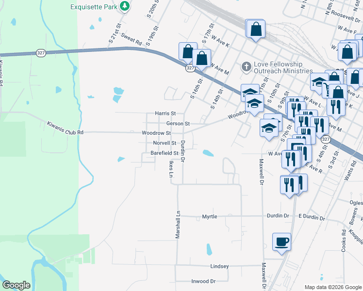 map of restaurants, bars, coffee shops, grocery stores, and more near 1115 Durdin Drive in Silsbee