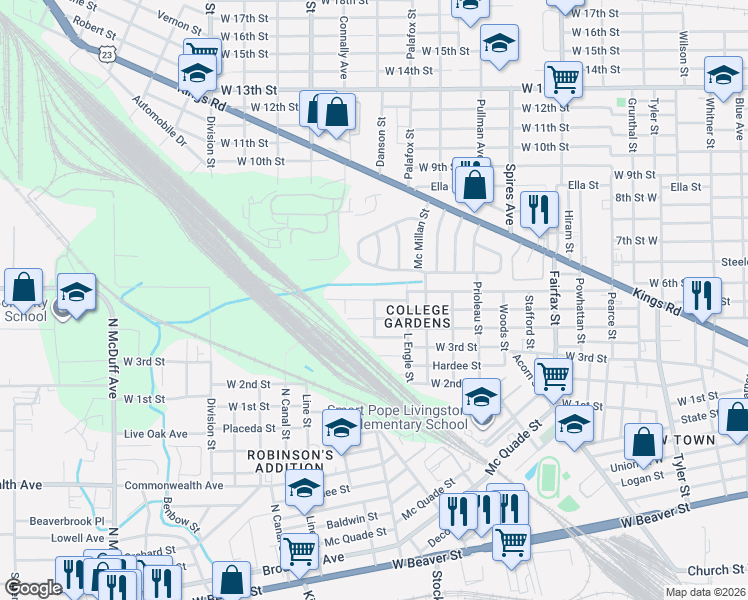 map of restaurants, bars, coffee shops, grocery stores, and more near W 6th St & Wall St in Jacksonville