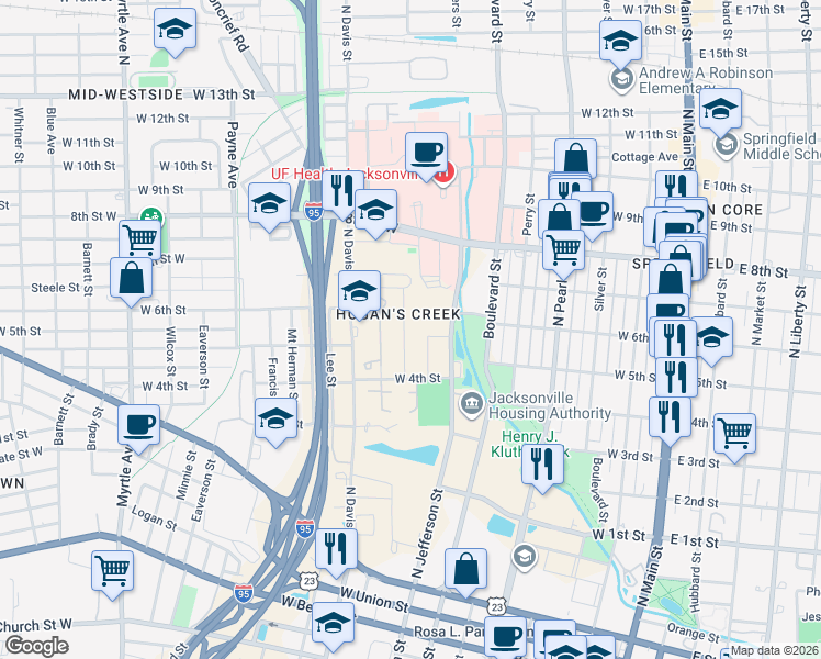 map of restaurants, bars, coffee shops, grocery stores, and more near 1535 Louisiana Street in Jacksonville