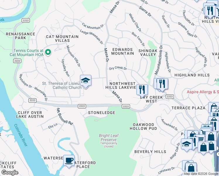 map of restaurants, bars, coffee shops, grocery stores, and more near 5811 1/2 Mesa Drive in Austin