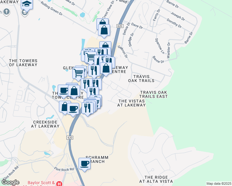 map of restaurants, bars, coffee shops, grocery stores, and more near 203 Evolutions Path in Lakeway